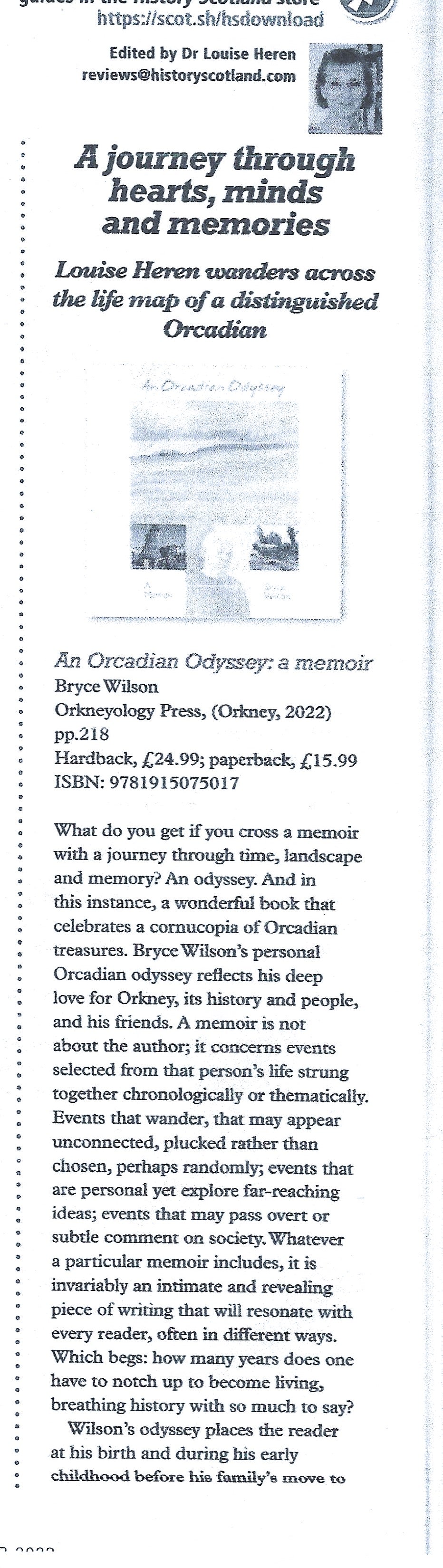 A review of Bryce Wilson's An Orcadian Odyssey as published in History Scotland magazine in 2023, written by Dr Louise Heren.